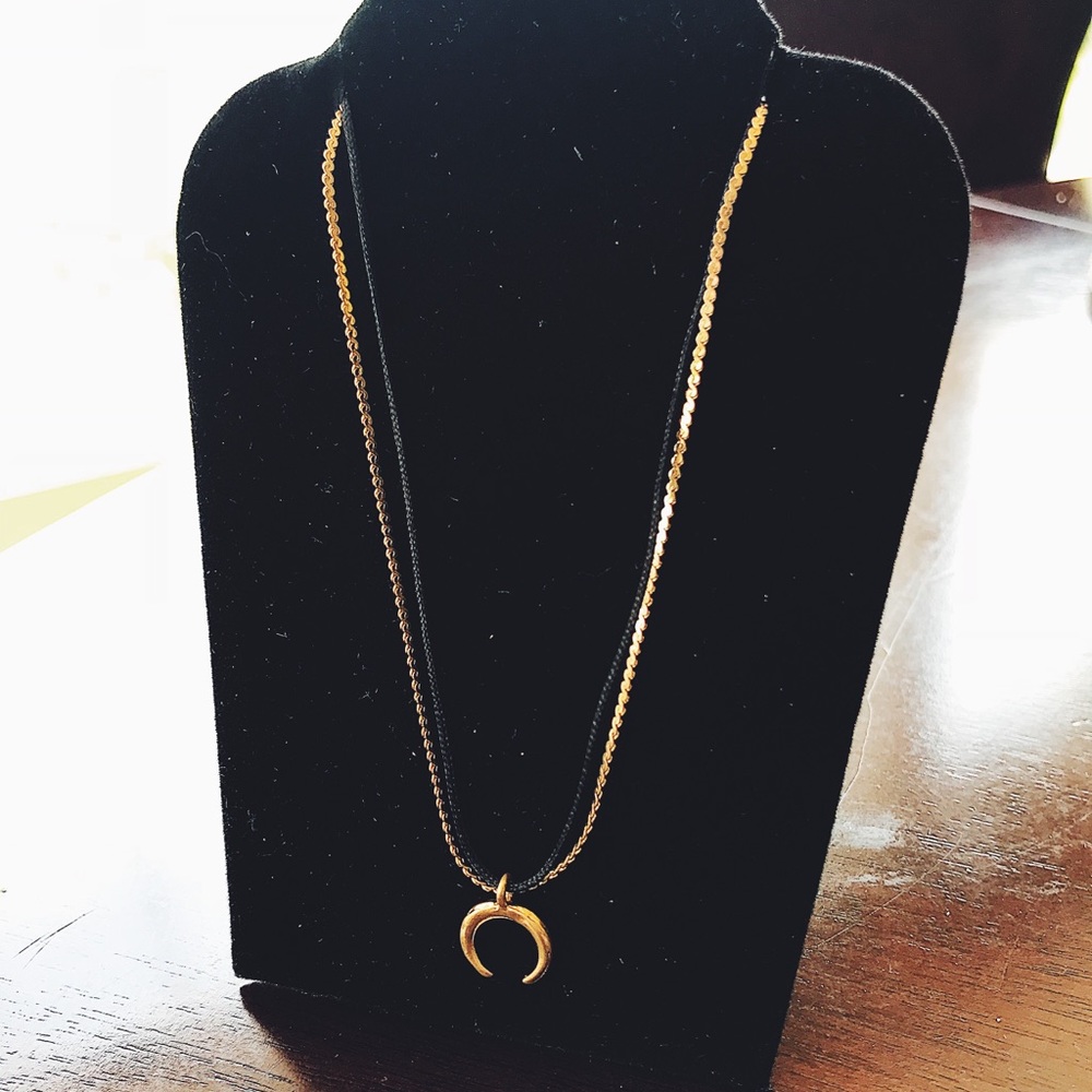 Worn Gold Double Horn Charm Chain/Cord Necklace